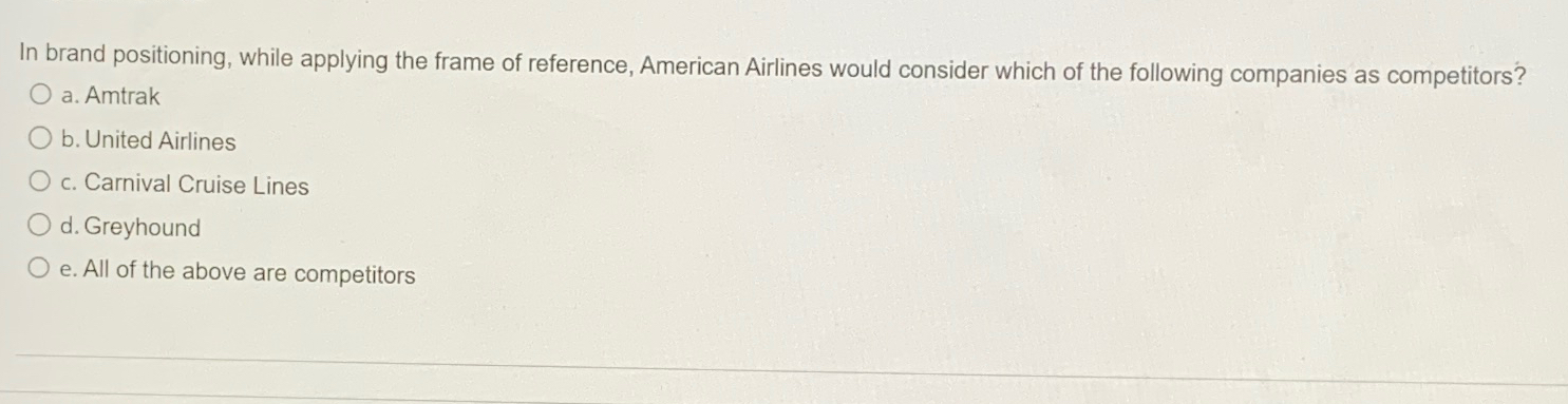  In brand positioning, while applying the frame of reference, American Airlines