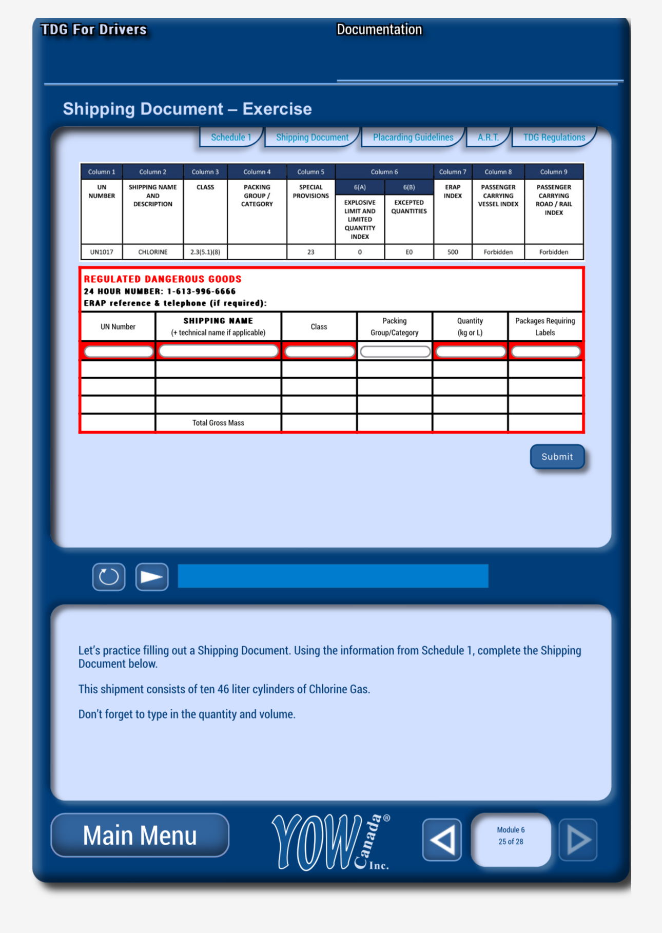  TDG For Drivers Documentation Shipping Document - Exercise Schedule 1 Shipping