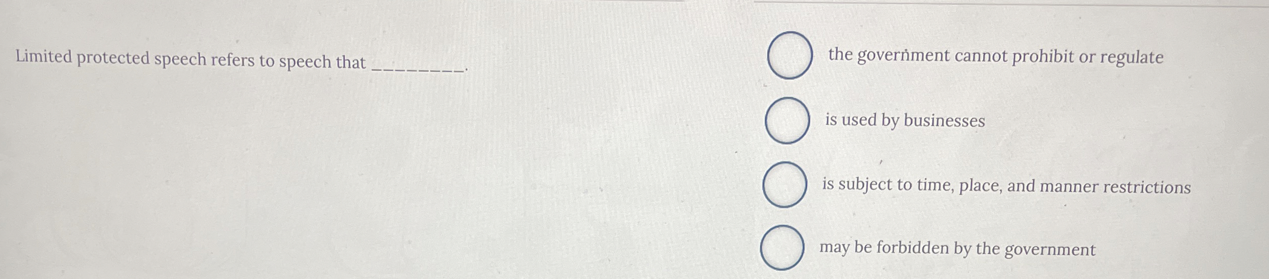  Limited protected speech refers to speech that the governiment cannot prohibit