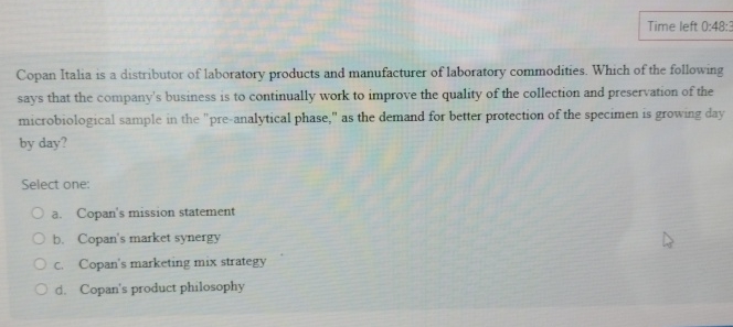  Time left 0:48: Copan Italia is a distributor of laboratory products
