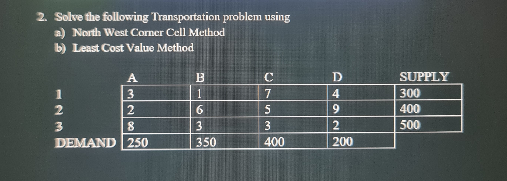  Solve the following Transportation problem using a) North West Corner Cell