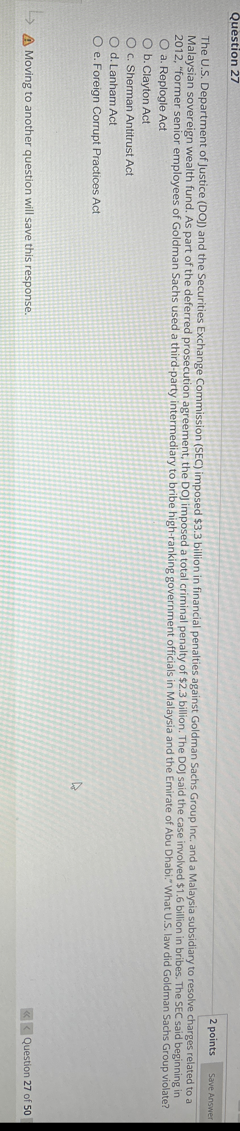  Question 27 2 points The U.S. Department of Justice (DOJ) and