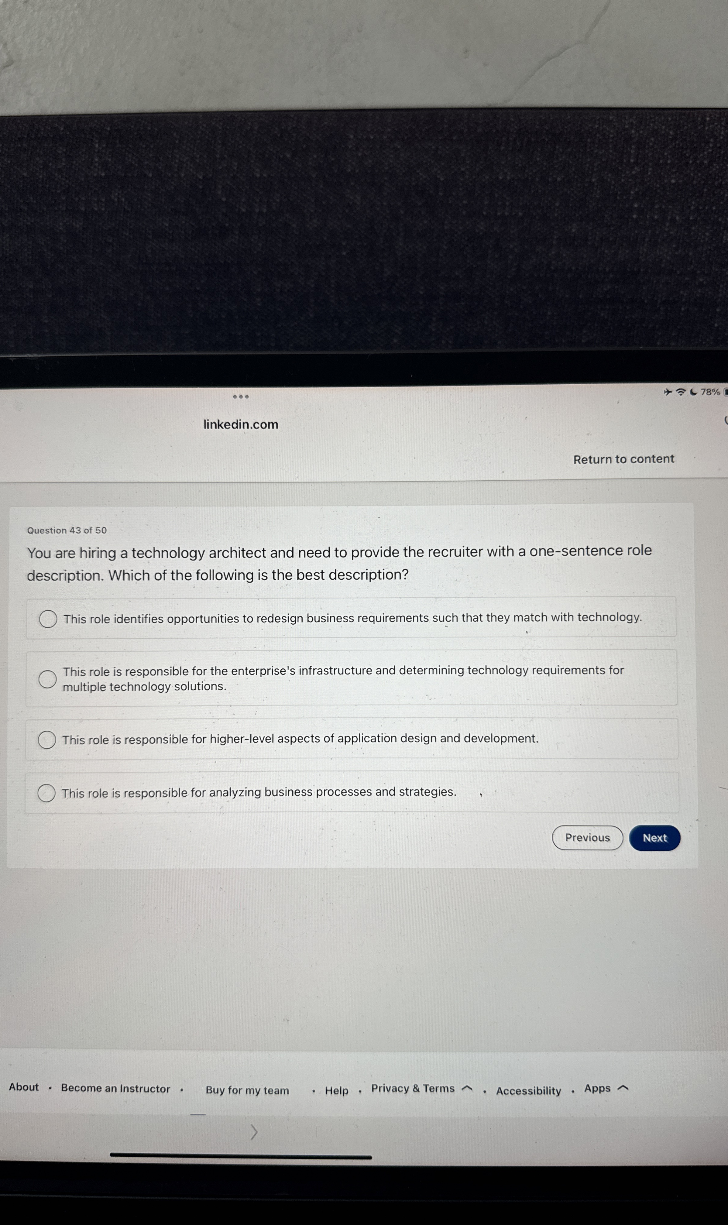  78% linkedin.com Return to content Question 43 of 50 You are