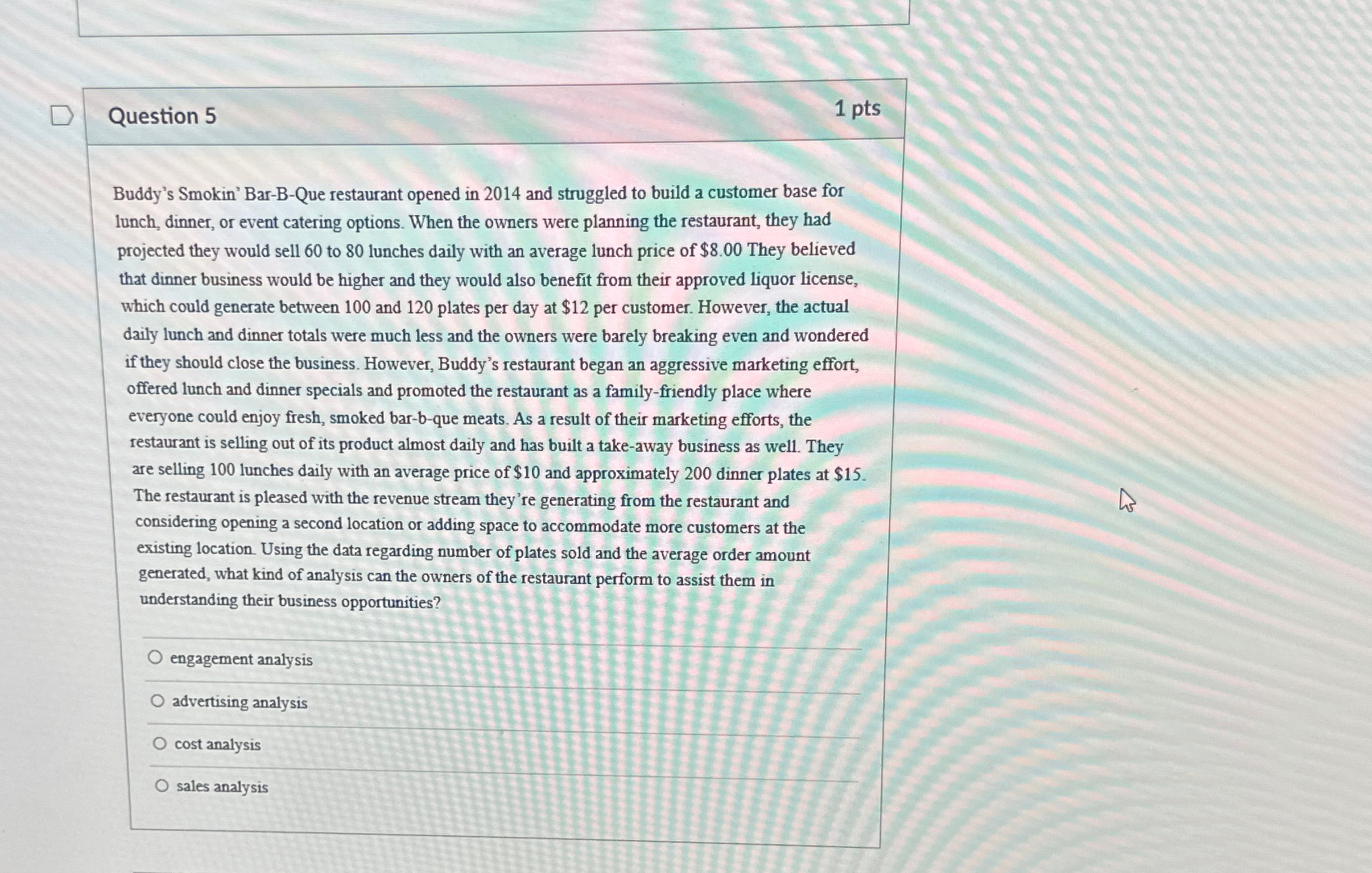  Question 5 1pts Buddy's Smokin' Bar-B-Que restaurant opened in 2014 and