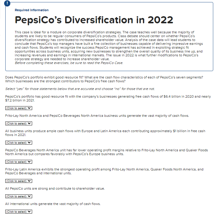  Requlred Information PepsiCo's Diversification in 2022 This case is ideal for