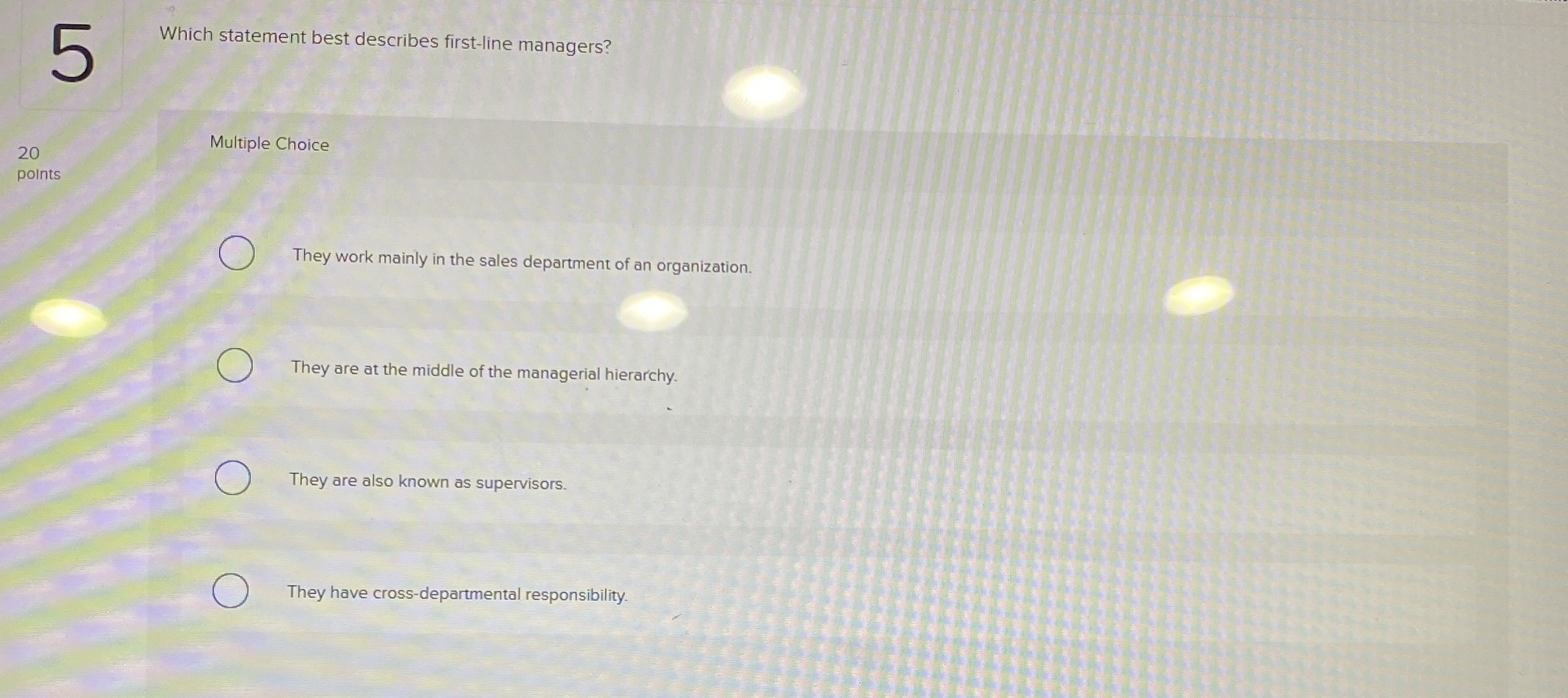  Which statement best describes first-line managers? 20 Multiple Choice points They
