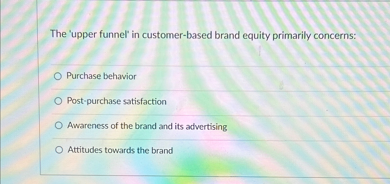  The 'upper funnel' in customer-based brand equity primarily concerns: Purchase behavior