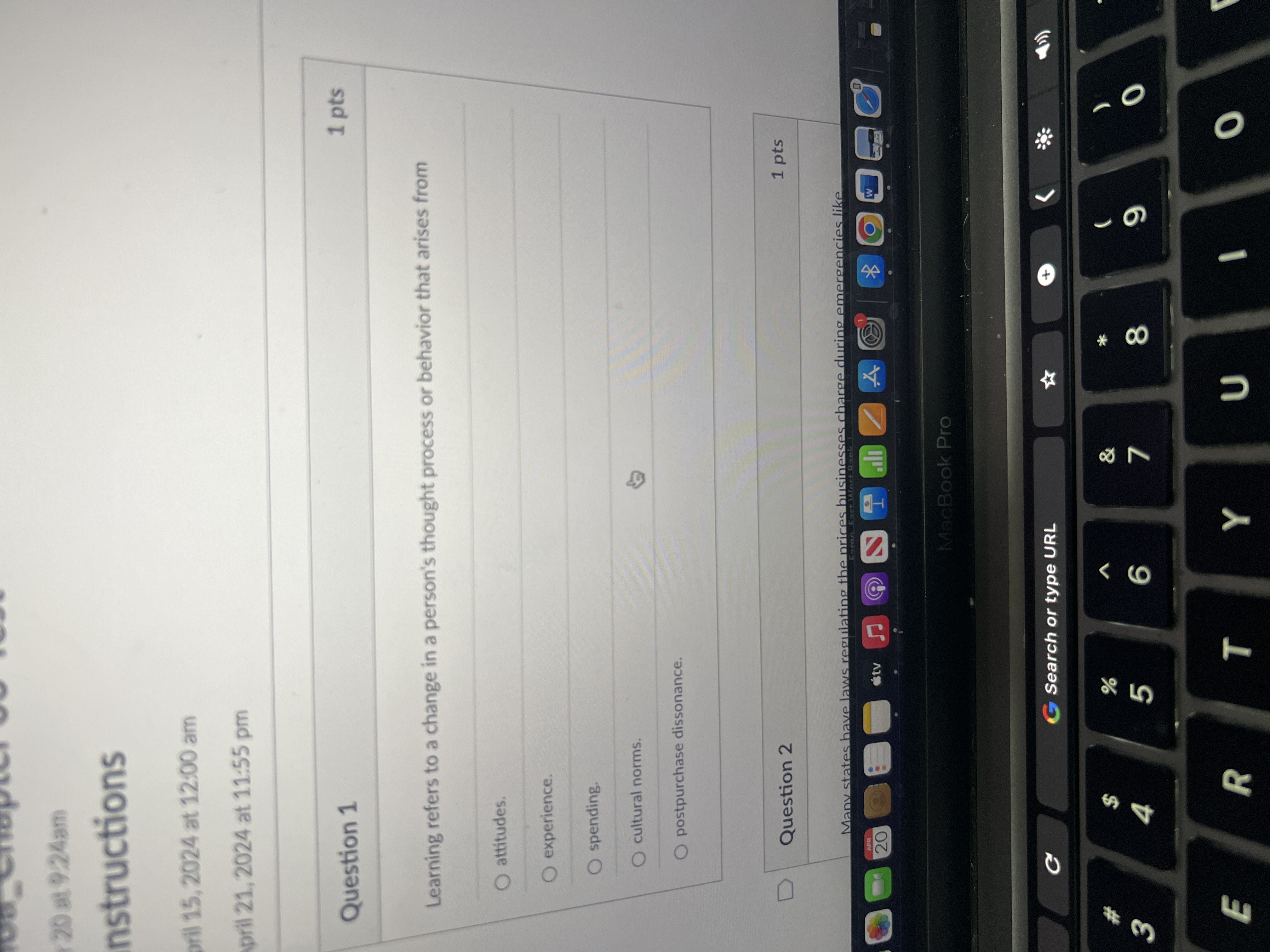  Question 1 Learning refers to a change in a person's thought