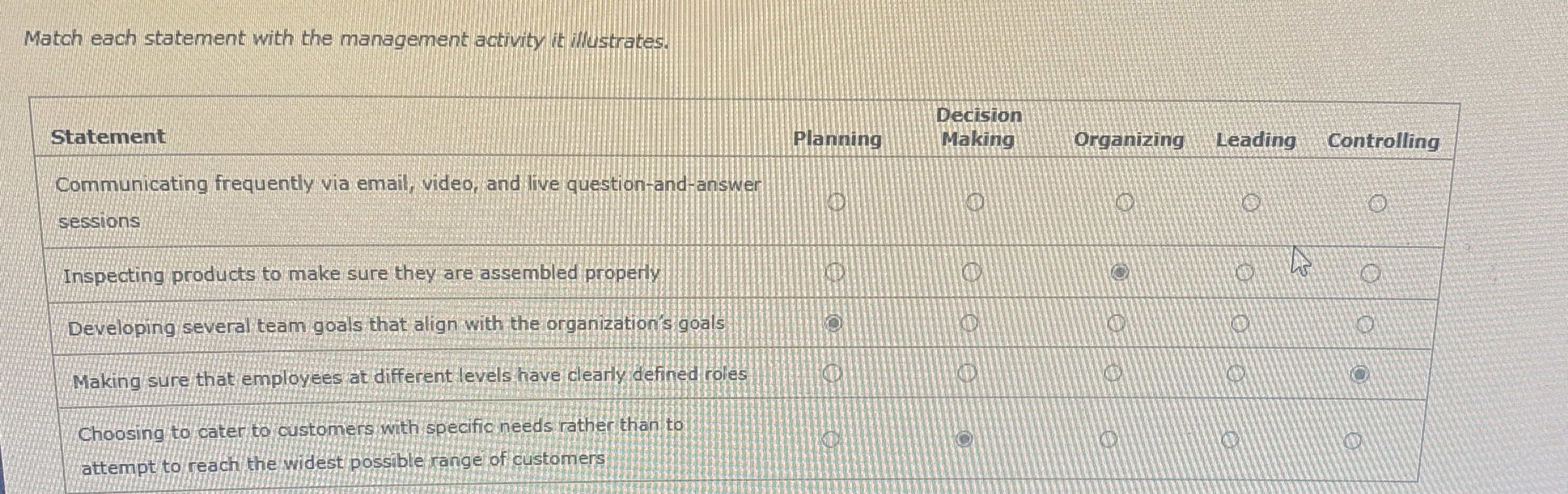  Match each statement with the management activity it illustrates. Decision Statement