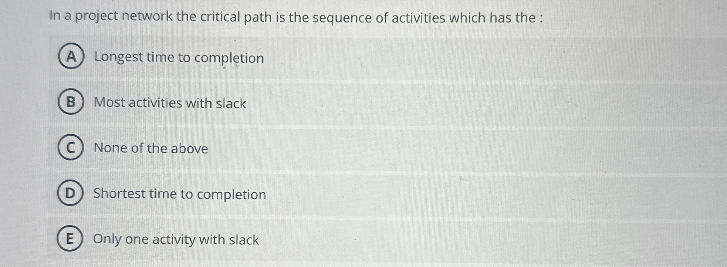  In a project network the critical path is the sequence of