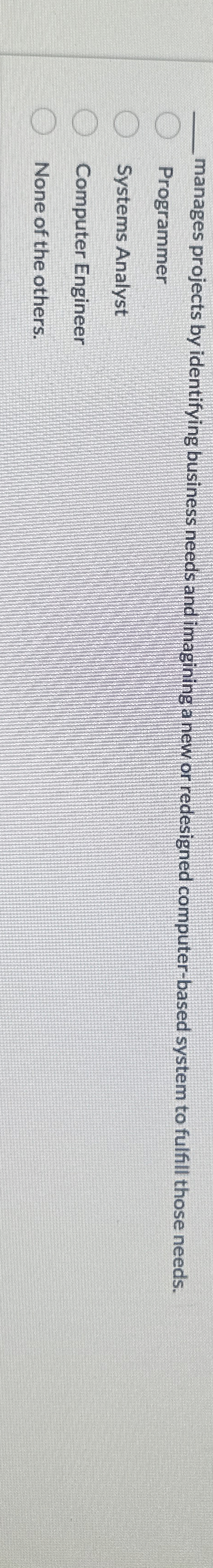  q, manages projects by identifying business needs and imagining a new