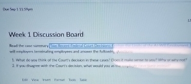  Dee Sep 111:59pm Week 1 Discussion Board will employers teminating employees