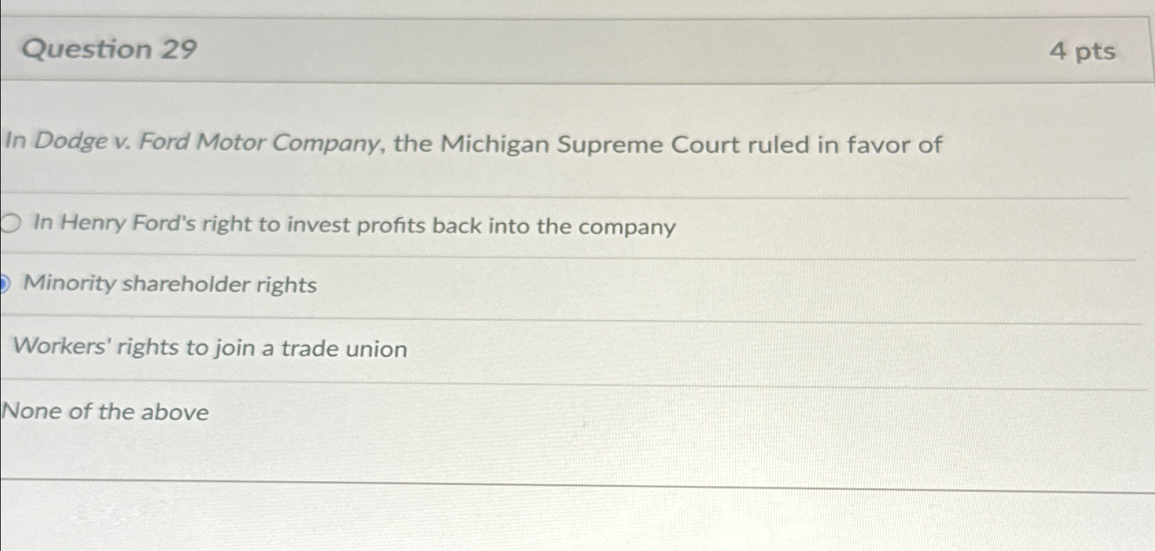  Question 29 4 pts In Dodge v. Ford Motor Company, the