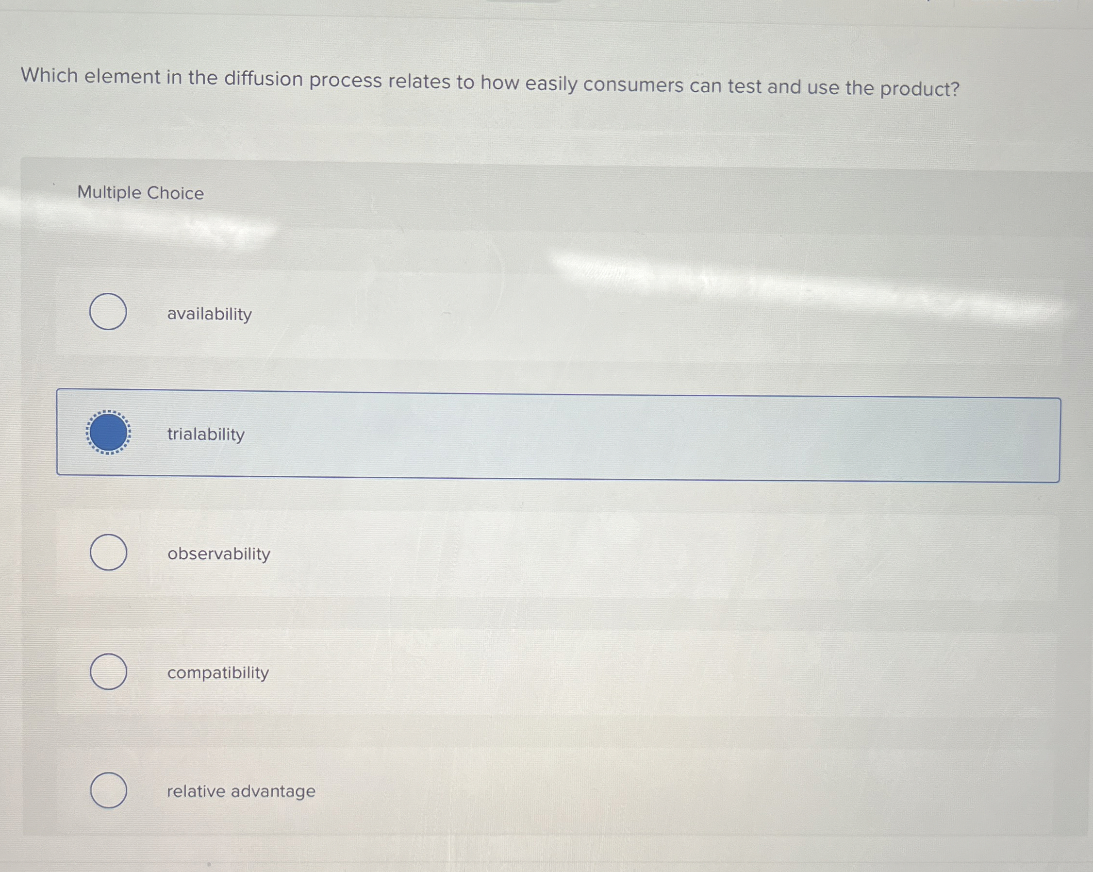  Which element in the diffusion process relates to how easily consumers