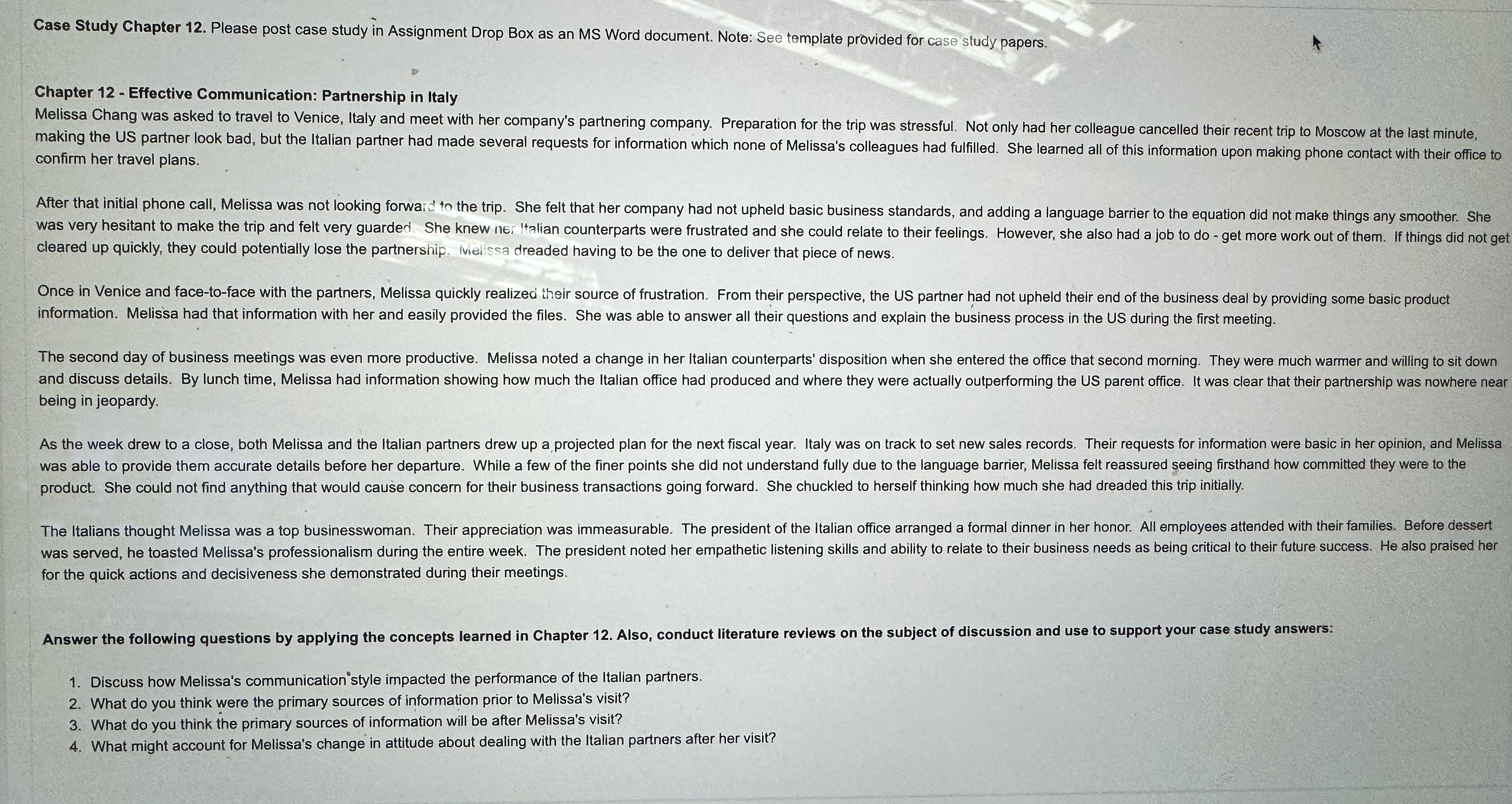  Case Study Chapter 12. Please post case study in Assignment Drop