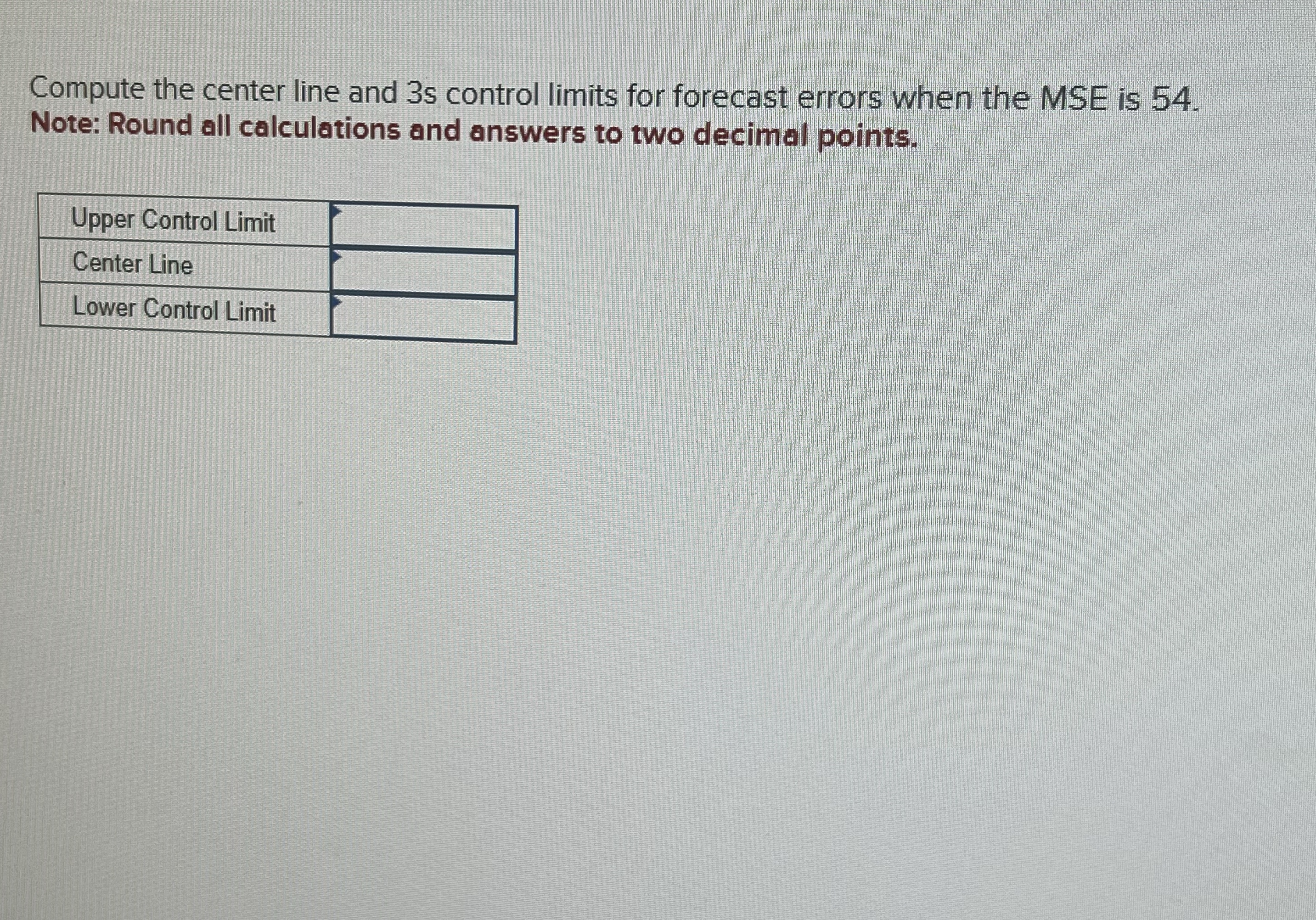  Compute the center line and 3 s control limits for forecast