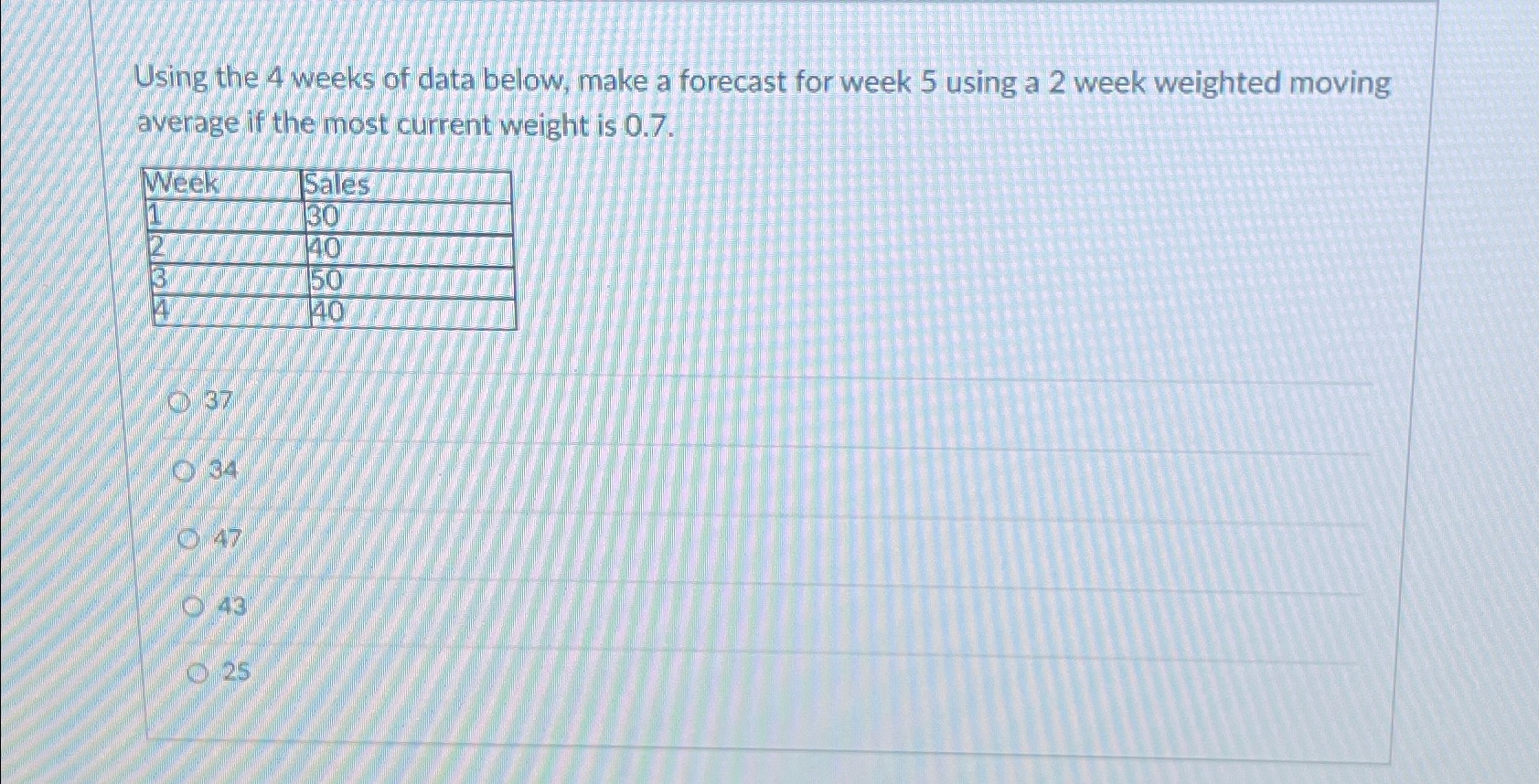  Using the 4 weeks of data below, make a forecast for