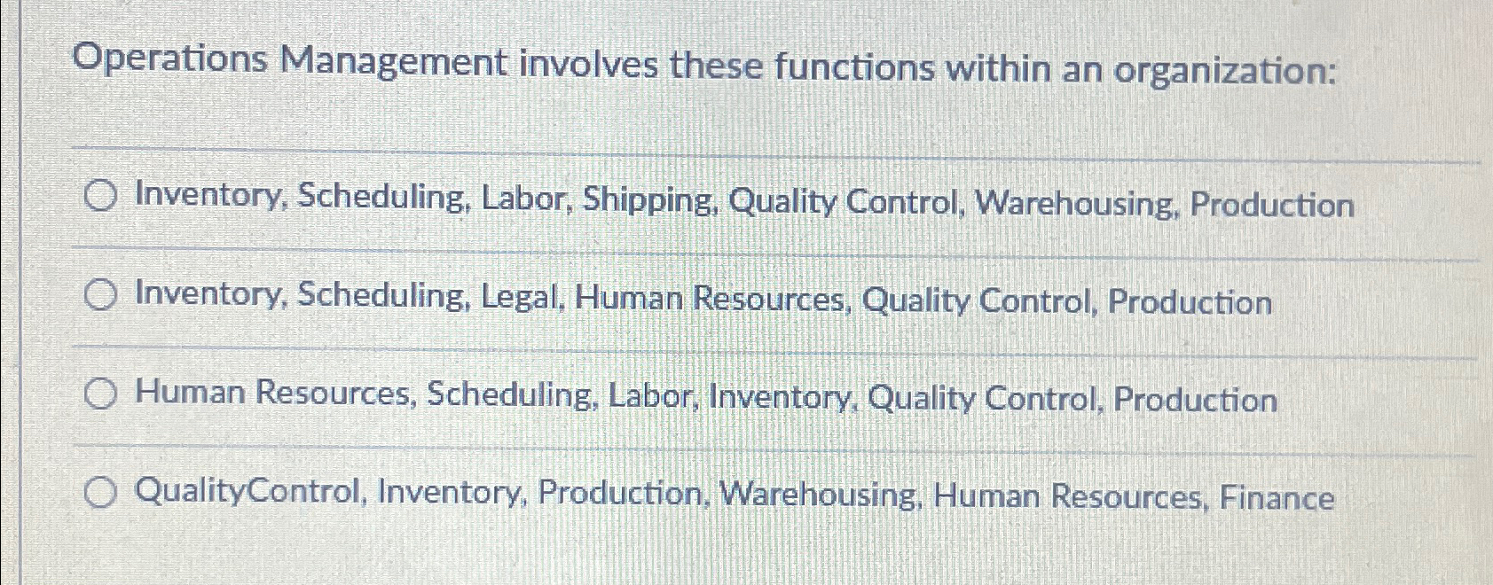  Operations Management involves these functions within an organization: Inventory, Scheduling, Labor,