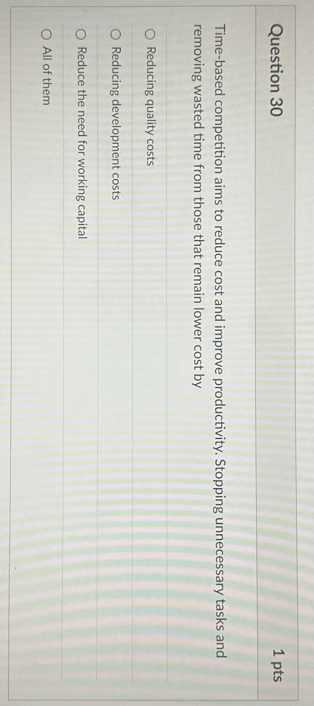  Question 30 1pts Time-based competition aims to reduce cost and improve