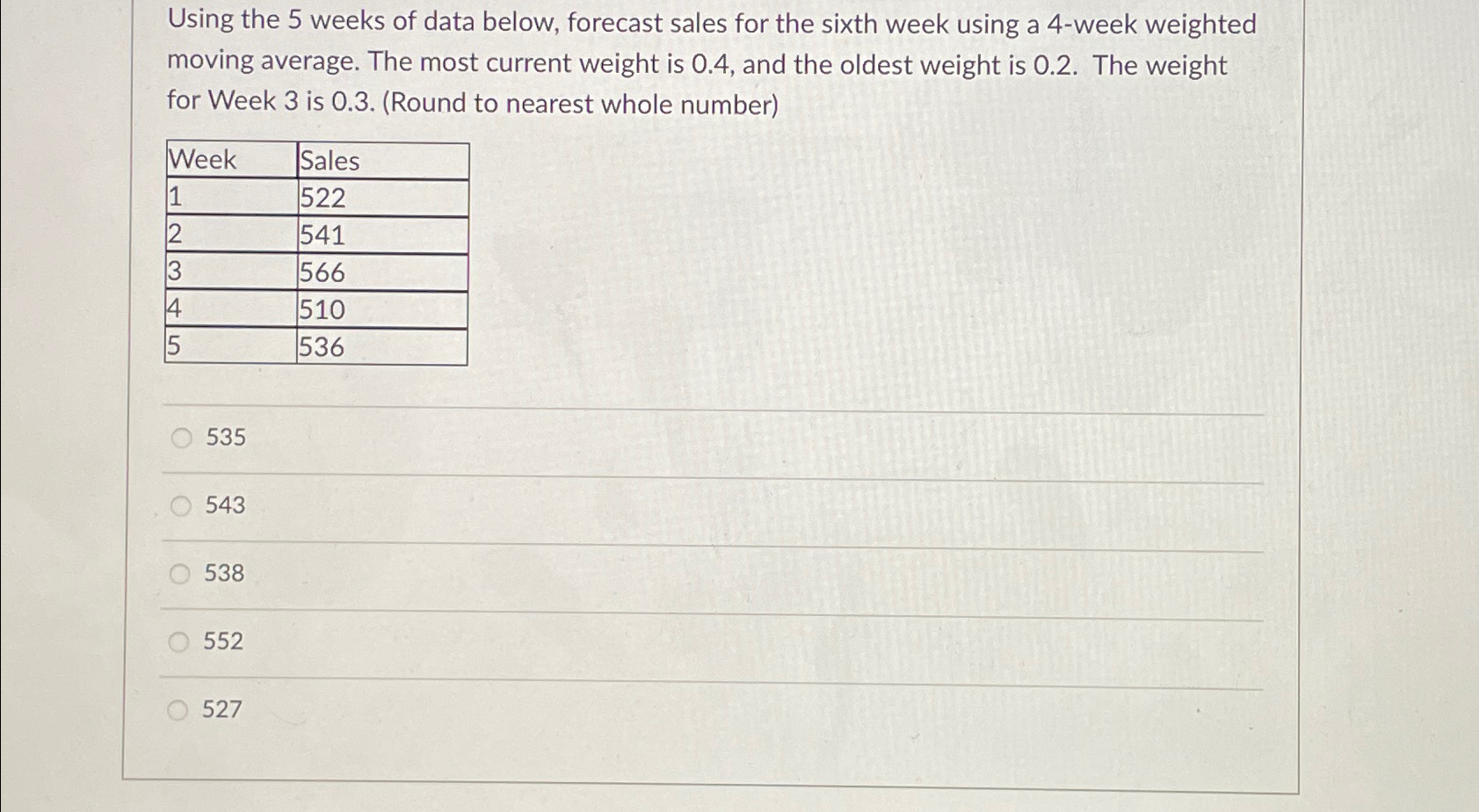  Using the 5 weeks of data below, forecast sales for the