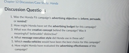  Chapter 12 Discussion/Case Study; Honda Discussion Question; Was the Honda Fit