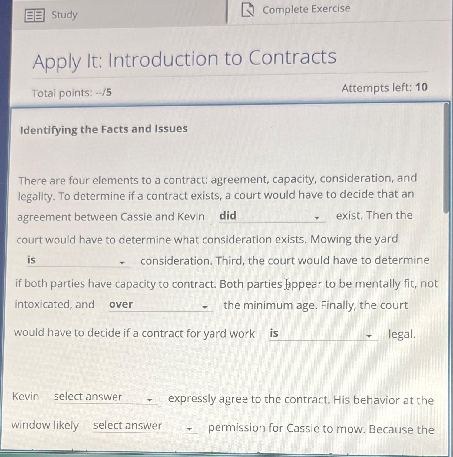  Study Complete Exercise Apply It: Introduction to Contracts Total points: --/5
