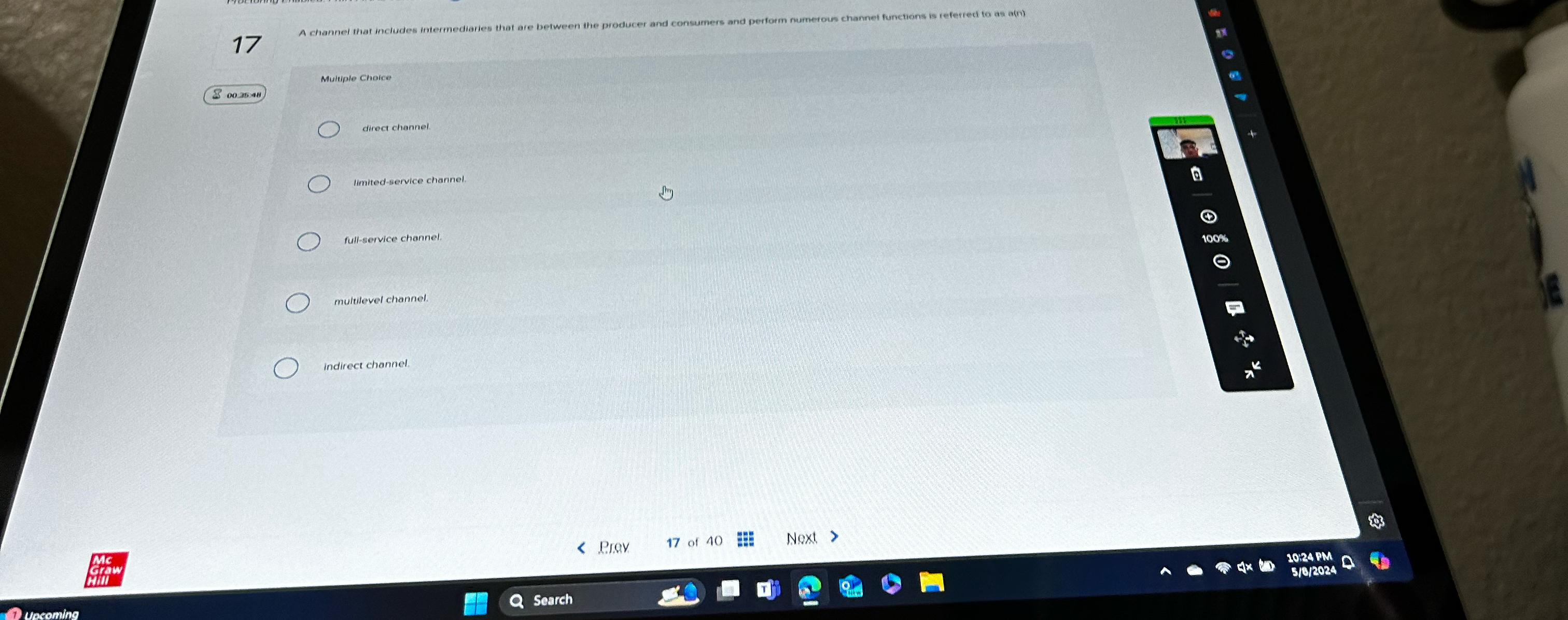  17 Multiple Choice 300.36*4H direct channel limited-service chaninel. full-service channel multilevel