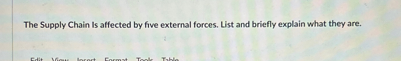  The Supply Chain Is affected by five external forces. List and