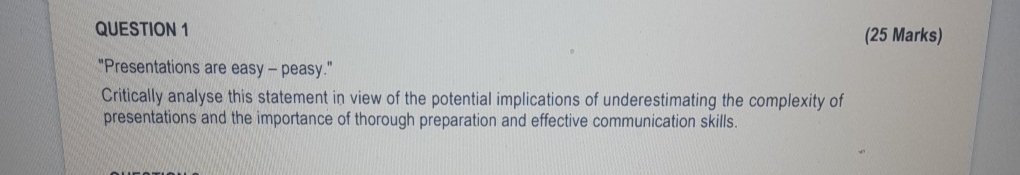  QUESTION 1 (25 Marks) "Presentations are easy - peasy." Critically analyse