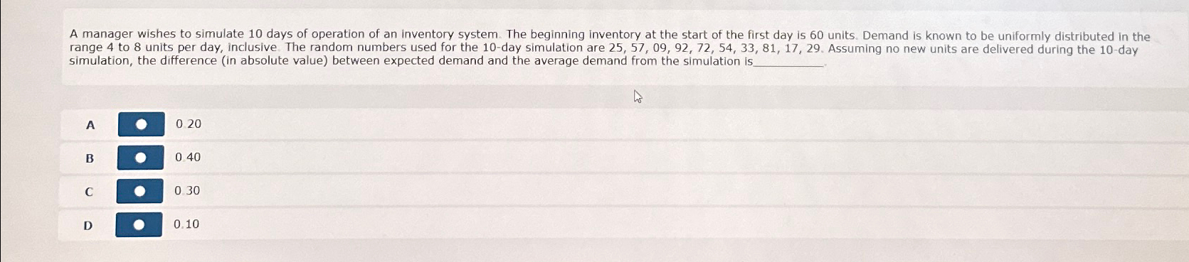  simulation, the difference (in absolute value) between expected demand and the