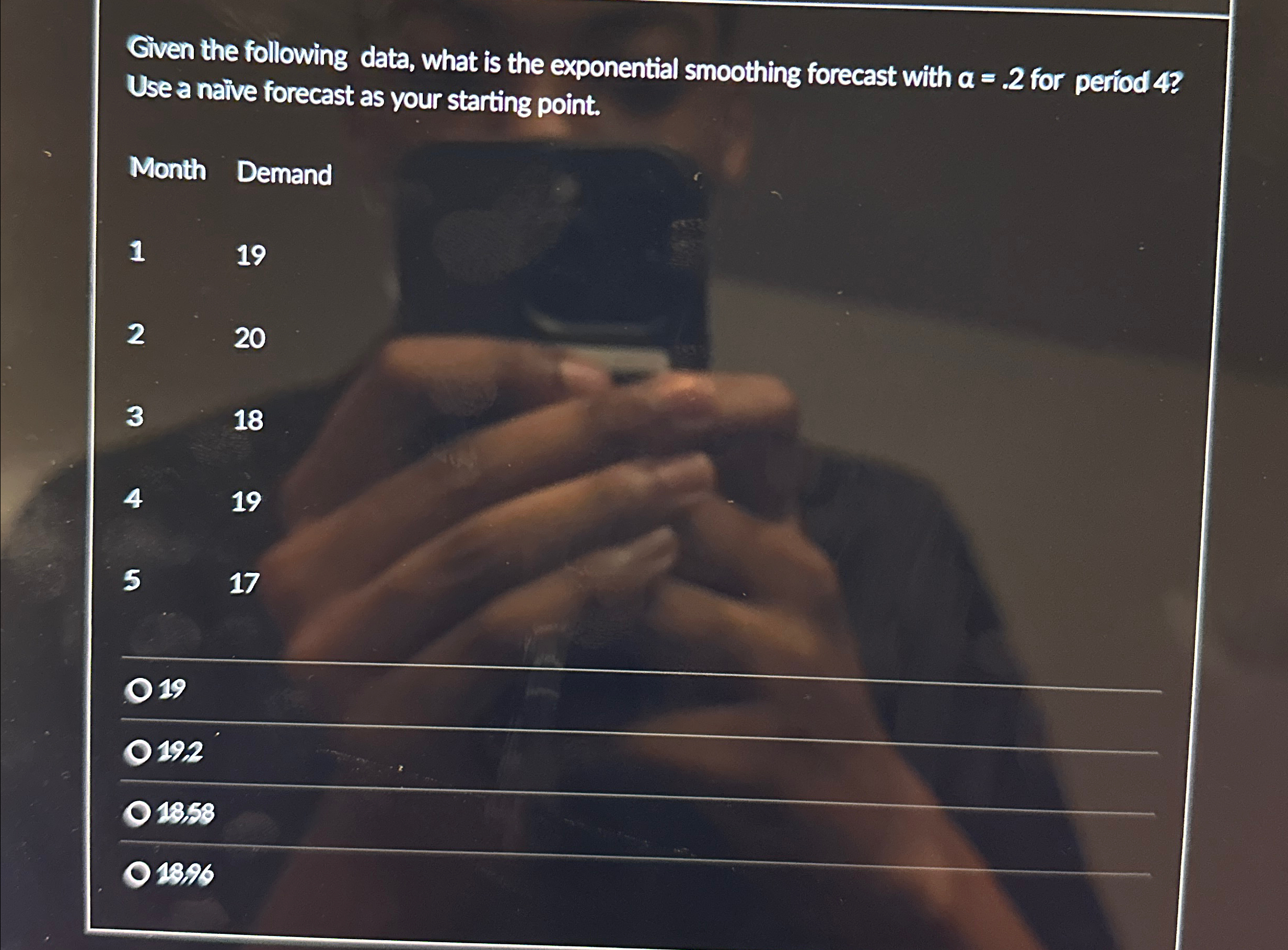  Given the following data, what is the exponential smoothing forecast with