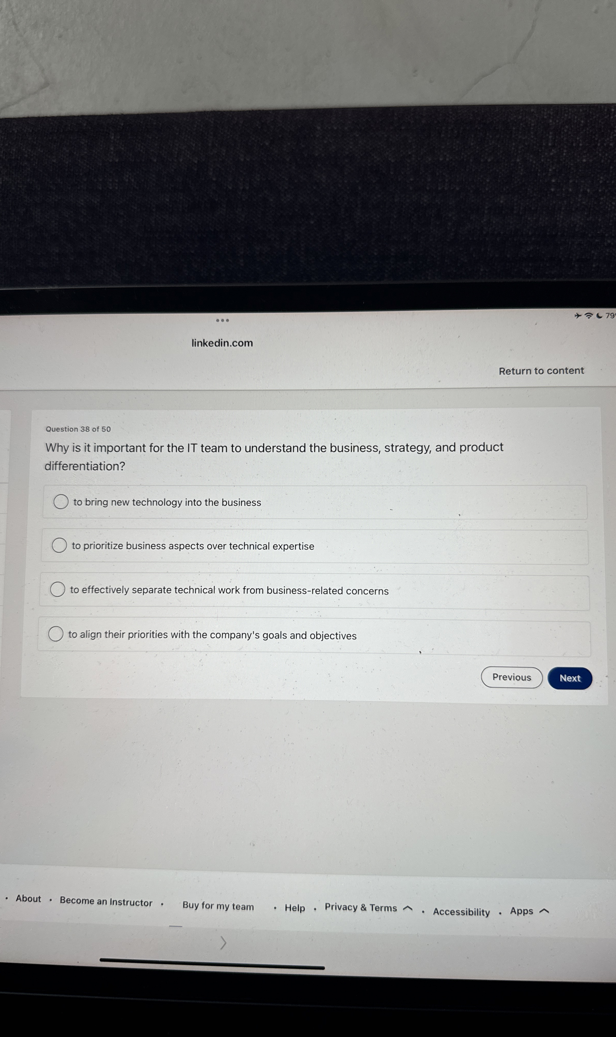  linkedin.com Return to content Question 38 of 50 Why is it