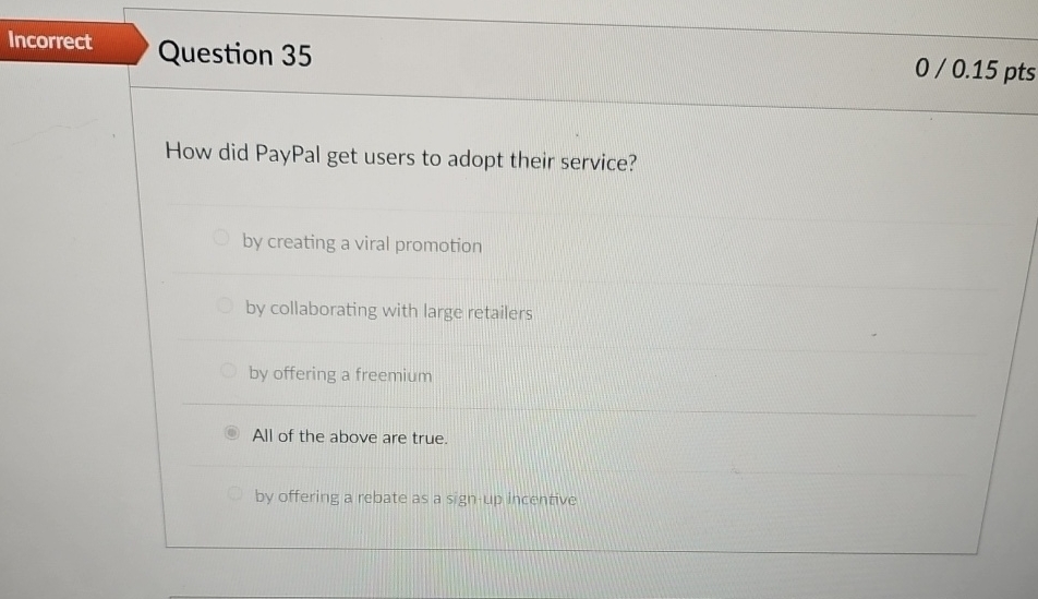  Incorrect Question 35 00.15 pts How did PayPal get users to