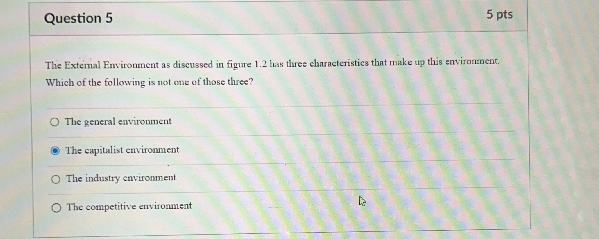  Question 5 5 pts The External Environment as discussed in figure