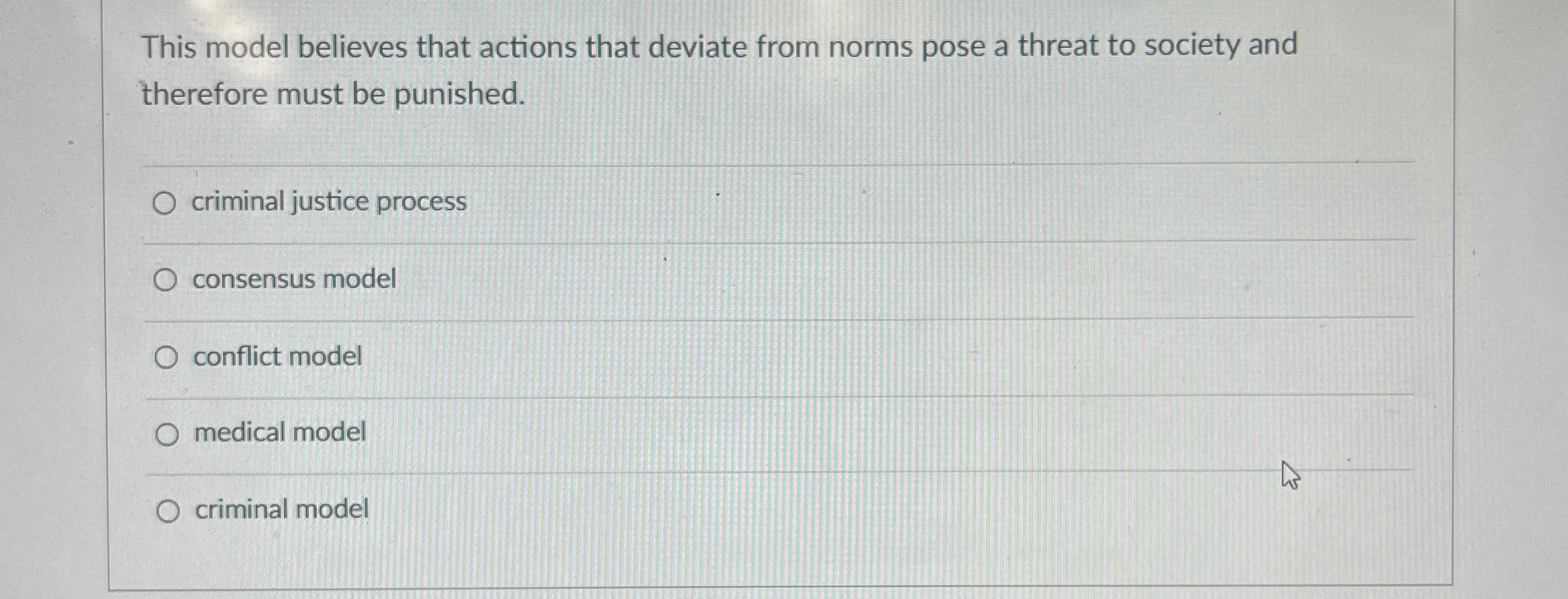  This model believes that actions that deviate from norms pose a