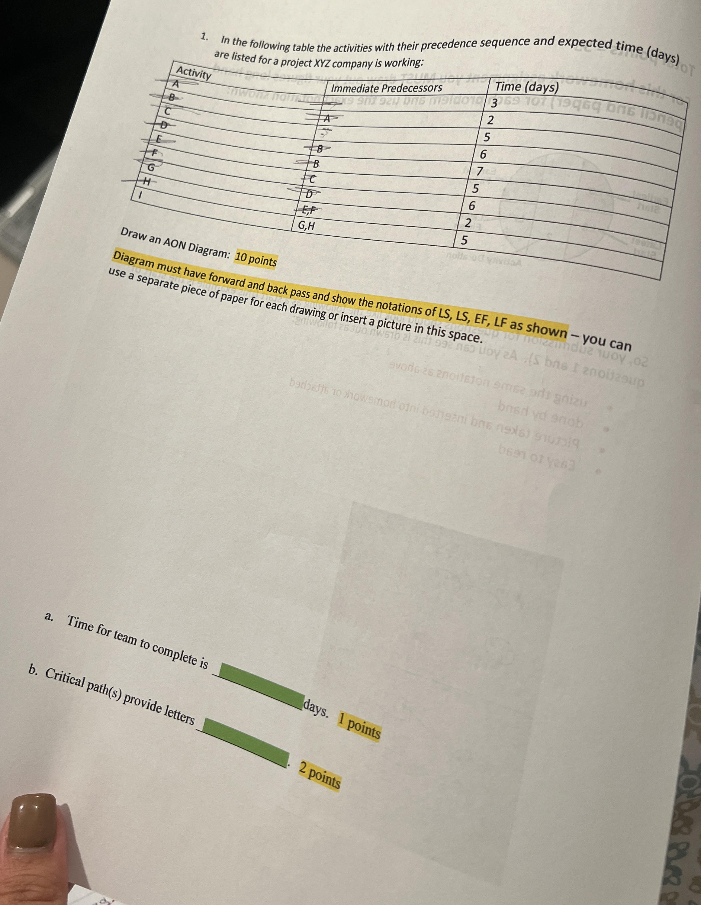 In the following table the activities with their precedence sequence and