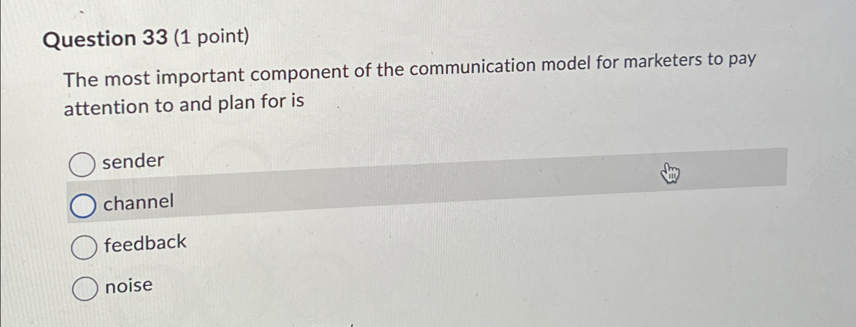 Question 33(1 point) The most important component of the communication model