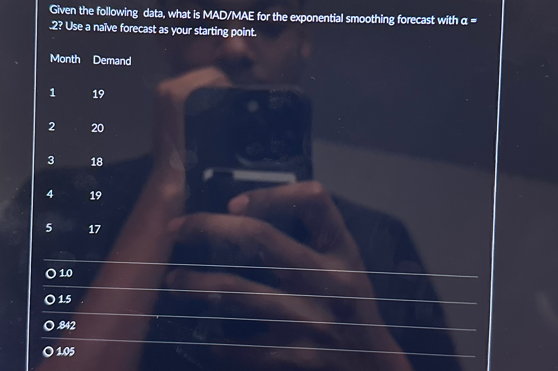  Given the following data, what is MAD/MAE for the exponential smoothing