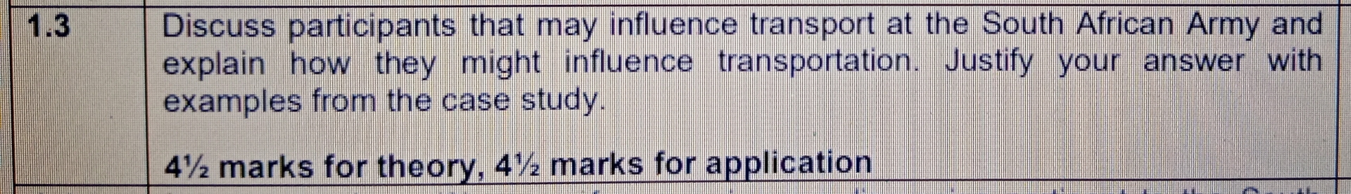  \table[[1.3,Discuss participants that may influence transport at the South African Army
