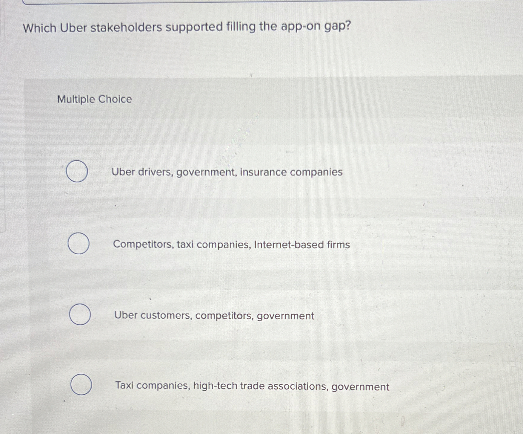  Which Uber stakeholders supported filling the app-on gap? Multiple Choice Uber