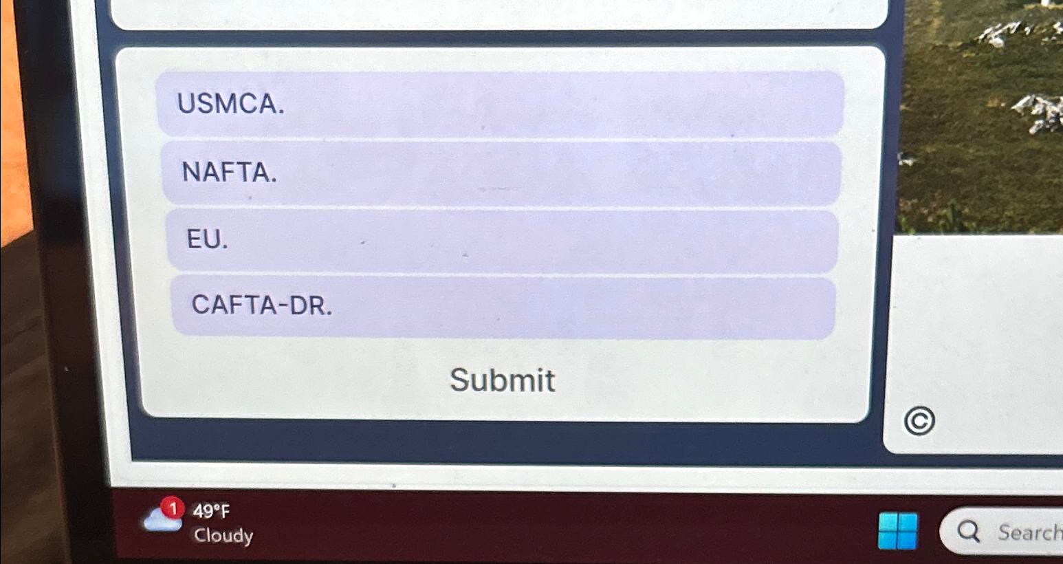  USMCA. NAFTA. EU. CAFTA-DR. Submit (1)49F Cloudy Search 