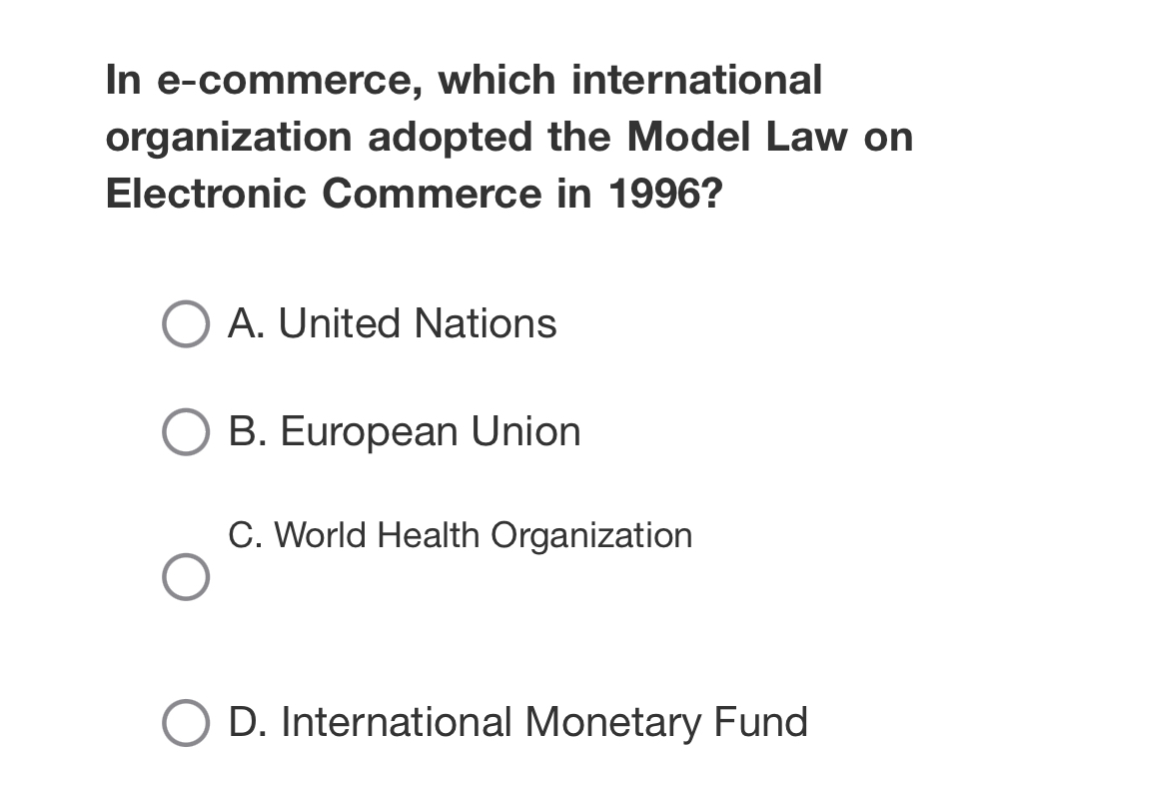  In e-commerce, which international organization adopted the Model Law on Electronic