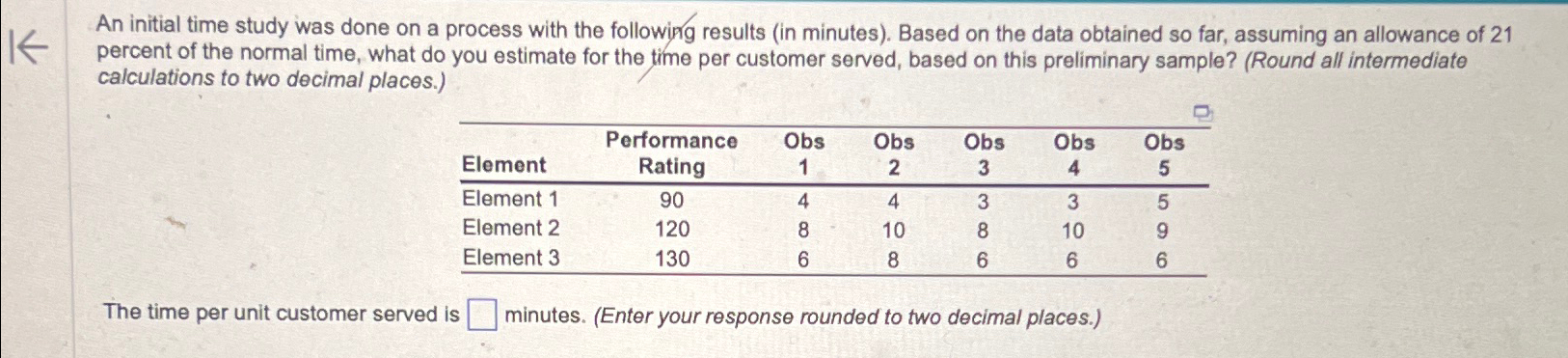  An initial time study was done on a process with the