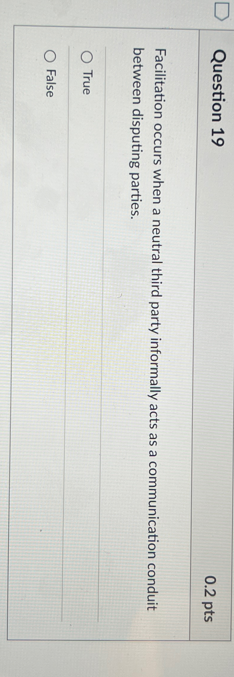  Question 19 0.2pts Facilitation occurs when a neutral third party informally
