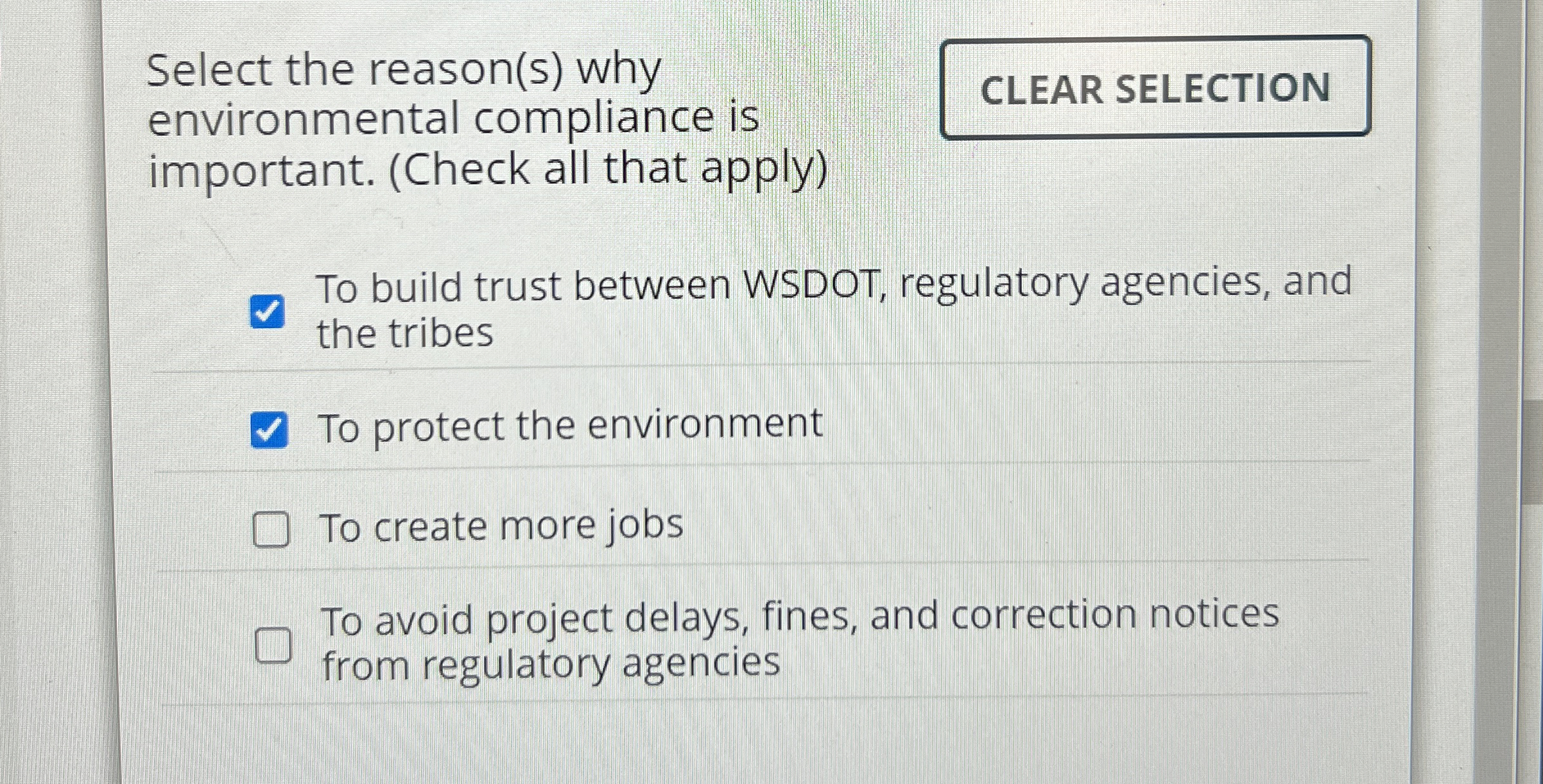  Select the reason(s) why environmental compliance is important. (Check all that