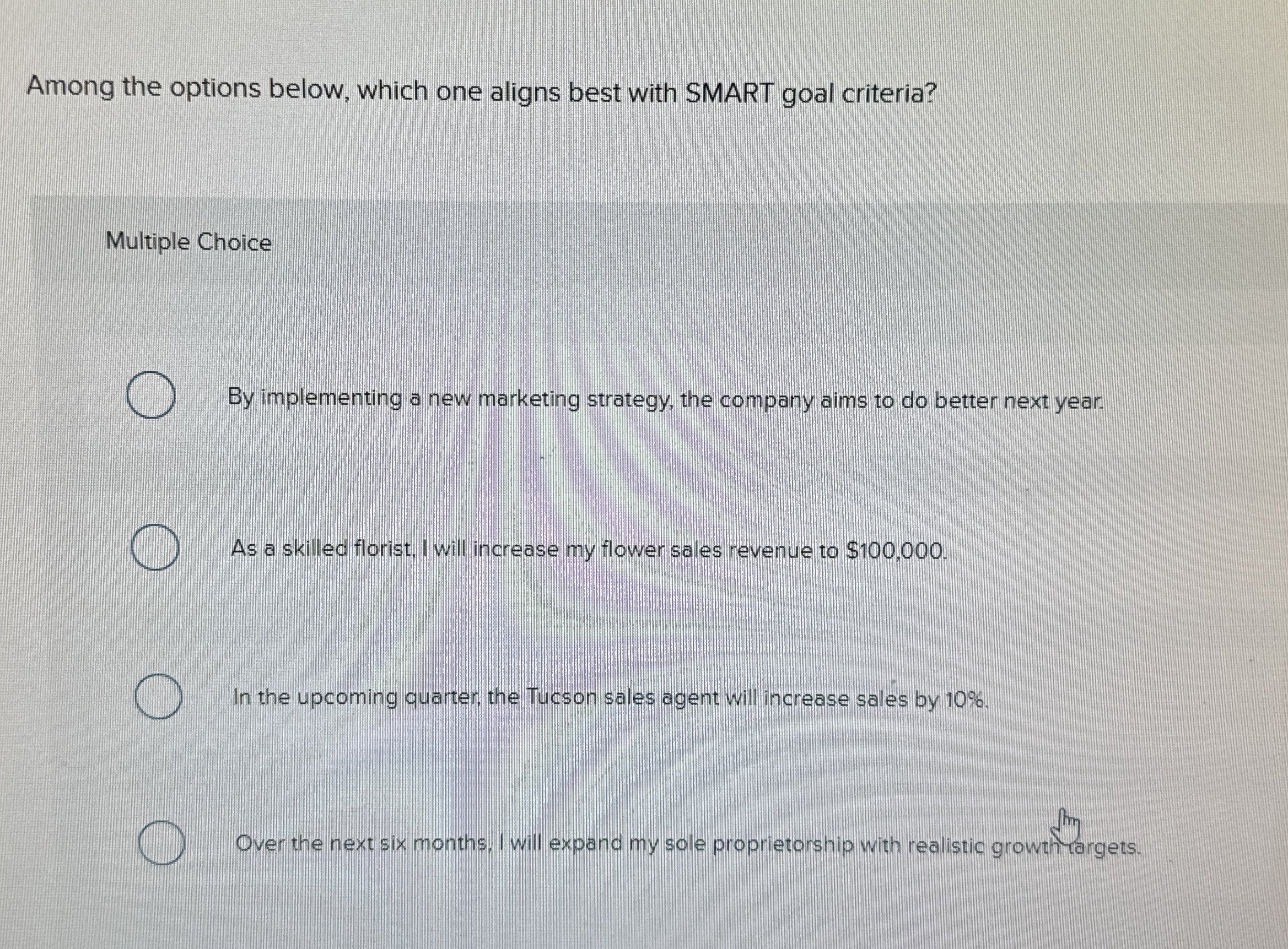  Among the options below, which one aligns best with SMART goal