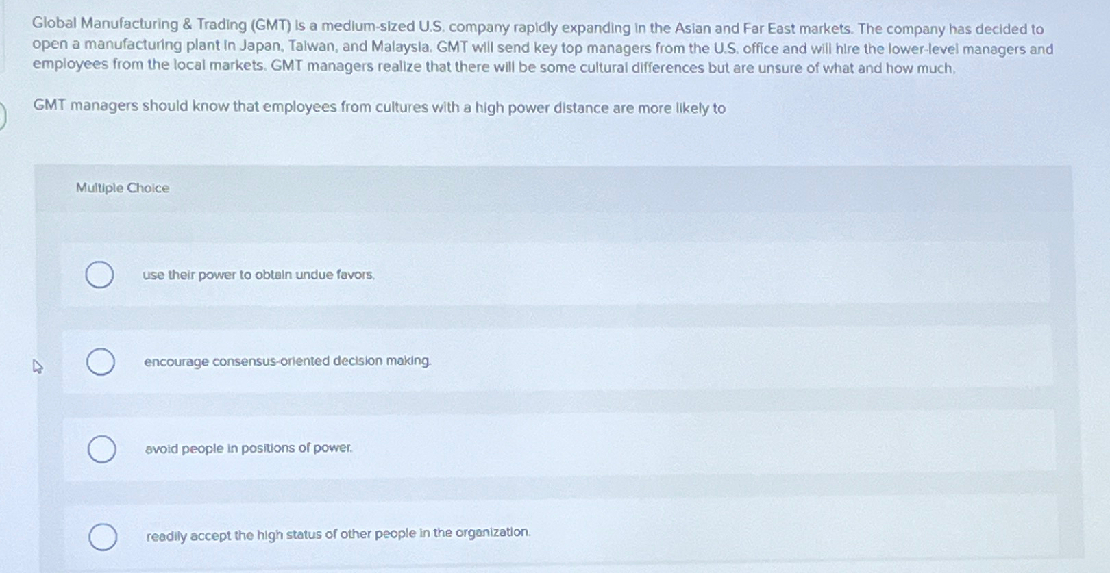  Global Manufacturing & Trading (GMT) is a medium-sized U.S. company rapidly