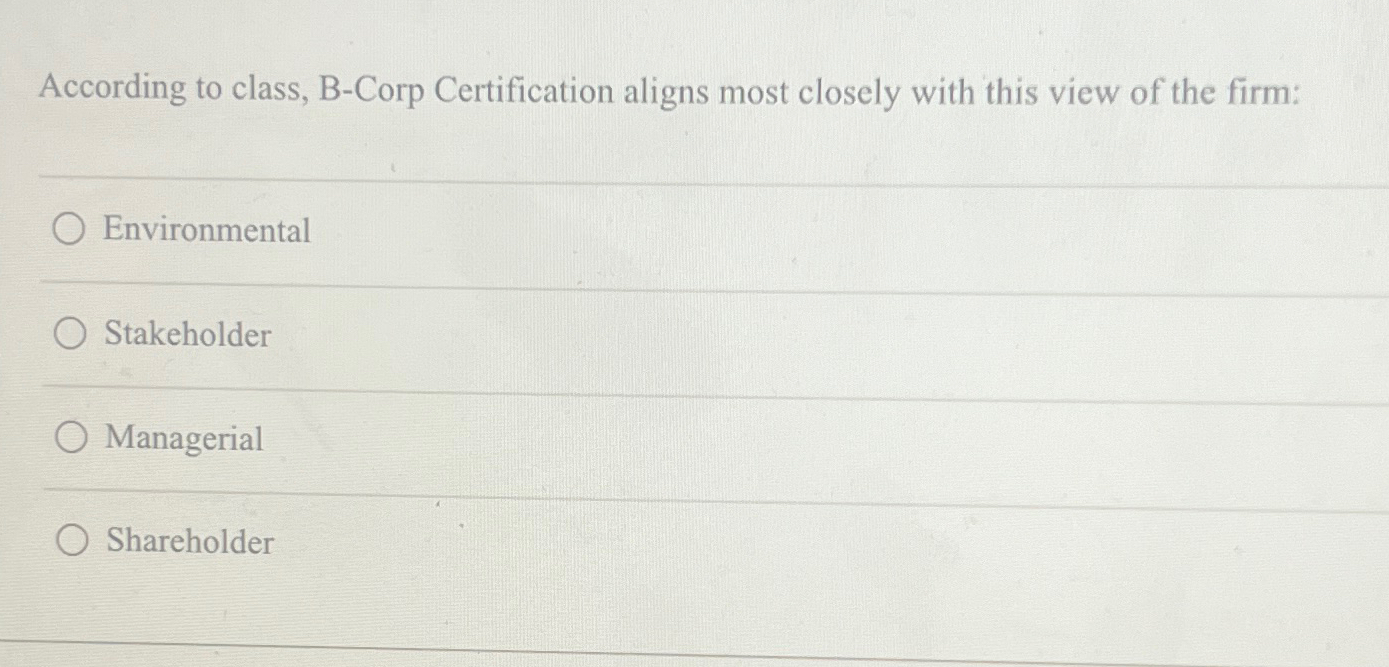  According to class, B-Corp Certification aligns most closely with this view