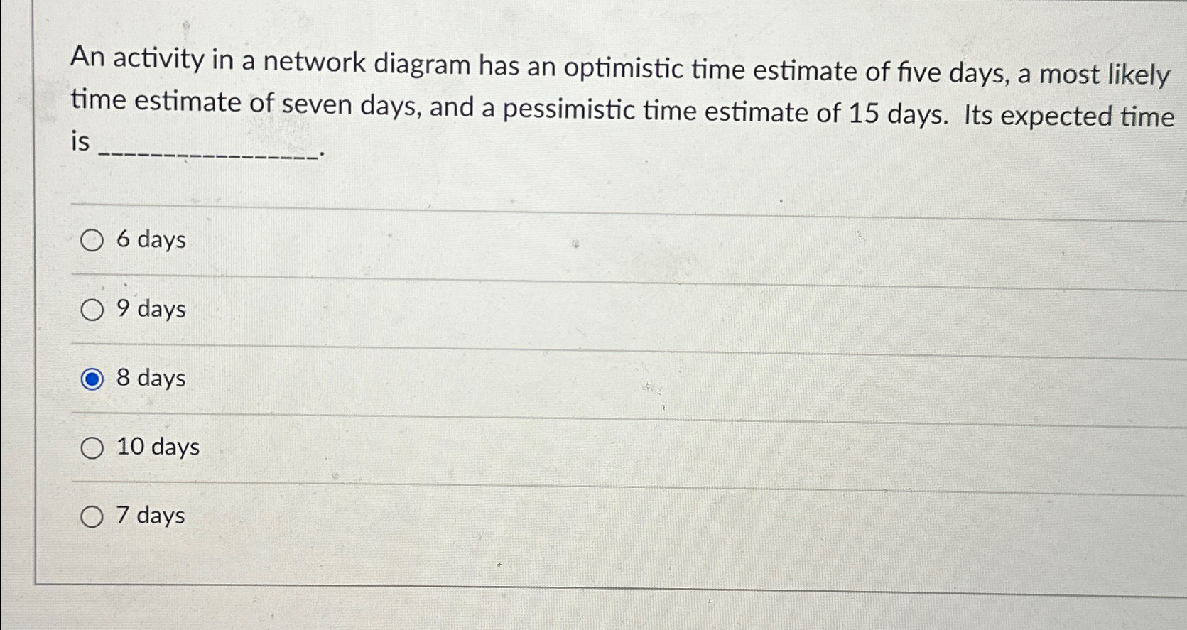  An activity in a network diagram has an optimistic time estimate