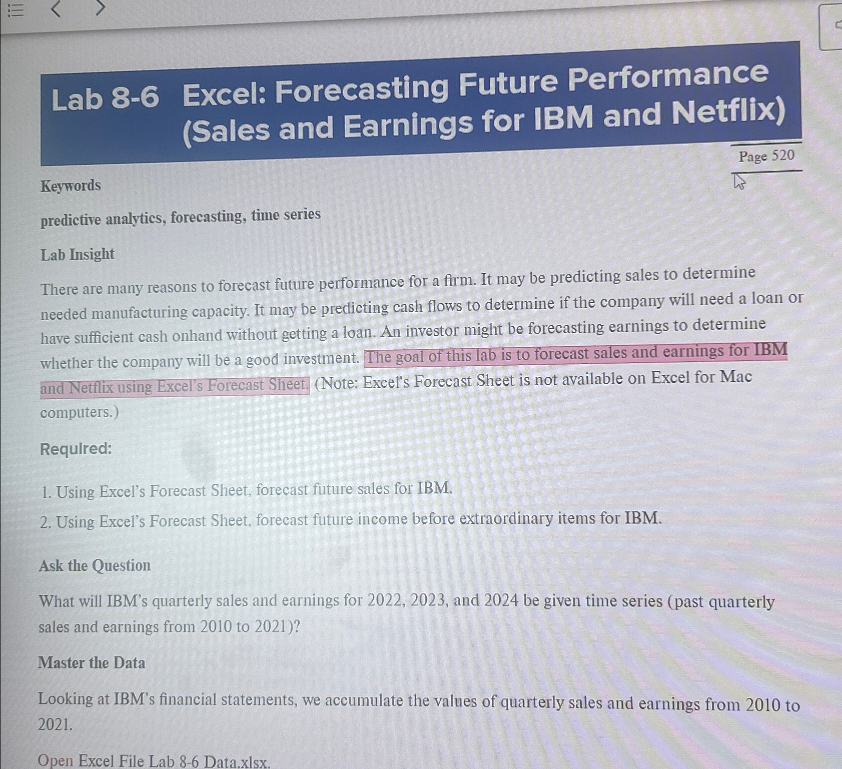 Lab 8-6 Excel: Forecasting Future Performance (Sales and Earnings for IBM